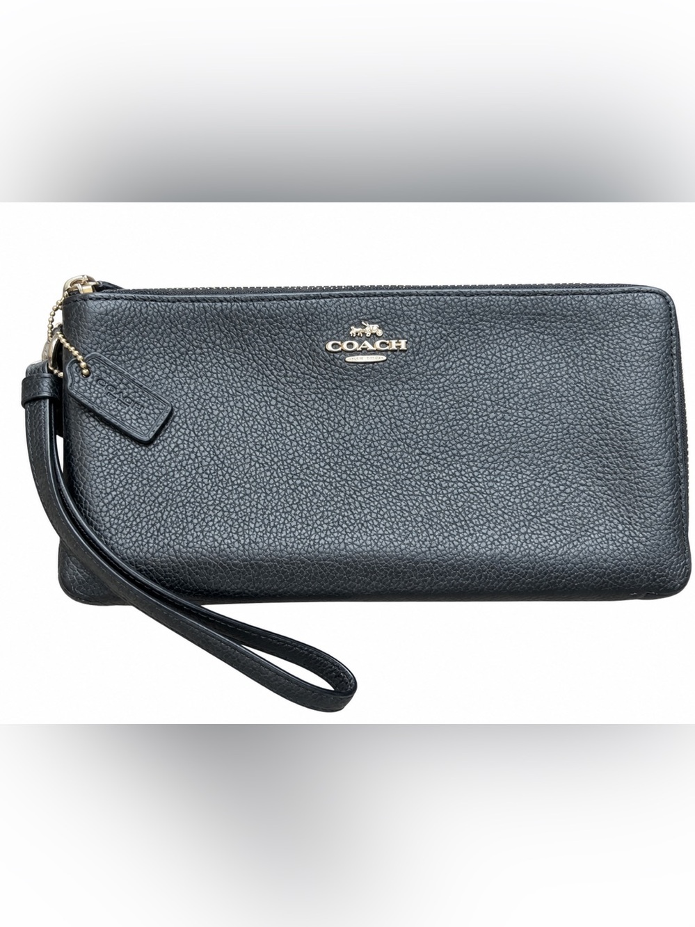 Coach Black Pebbled Leather Wrist Strap Clutch with Gold Logo